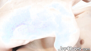 Redhead Japanese twink riding tatted boyfriends prick