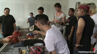 Redhead takes huge cock in booty in public