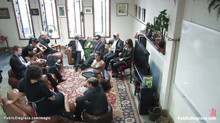 Babe gang bang screwed at public party