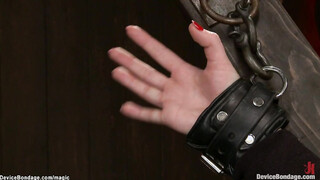 Lesbian sub muff hooked in bondage