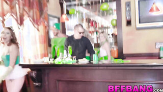 Costumed girlfriends facialized after fucking big dick 4way