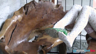 Sweet blonde models mesmerizing stockings just for you