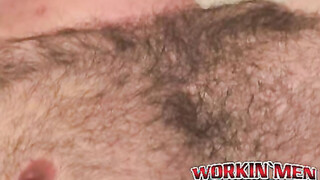 Bushy stud shoots a massive load after intense masturbation