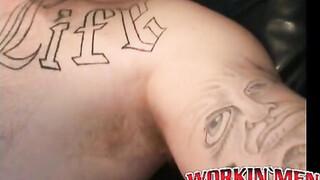 Tattooed homosexual man plays with his bushy cock & cums