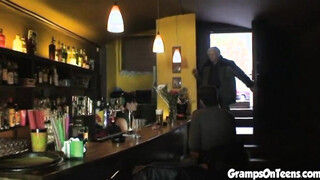 Teen barmaid screws oldie in reverse