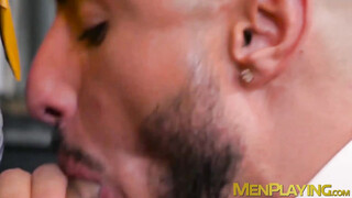 Bearded stud bends over & takes meat in his tight hole