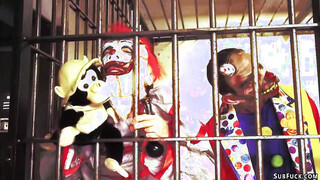 Group of clowns Double penetration fuck petite babe