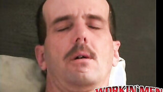 Older tatted homo jerks off his huge dick in the bedroom