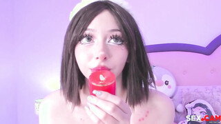 legal teen with blue eyes & small boobies is waiting for your cum & she's playing with sexy wax on her body.