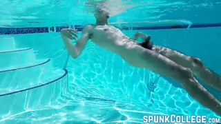 Unshaved  man jerks off his big wet shaft poolside