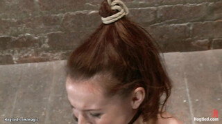 Unshaved beaver redhead toyed on hogtie