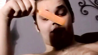 Kinky teen jerks off his throbbing dick while giving sexy BJ