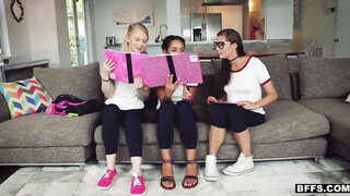 Naughty teenage babes toy with a foreign schoolgirl's aroused shlong