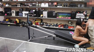 Petite babe fucks in pawnshop after demonstrating a workout