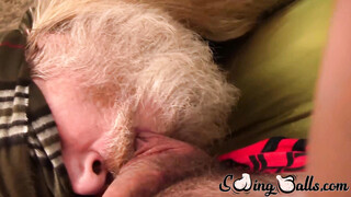 Swinging balls & huge dick munched on by mature pervert