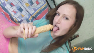 Russian brunette using her dildo only with condom