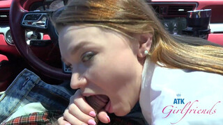 Good chick in college girl outfit gives roadhead POV Blowjob car sex Mazy Myers