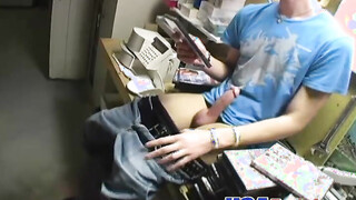 Horny charming twink with piercing wanking his huge cock