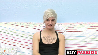 Inked smooth teen Austin moans during sexy masturbation