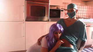 Purple Haired Nurse Going Down On Doc's Large Boner