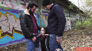 Petite brunette double pounded in the park