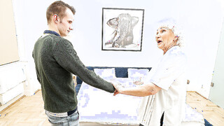 Gilf gets her unshaved cunt thumped by young toyboy