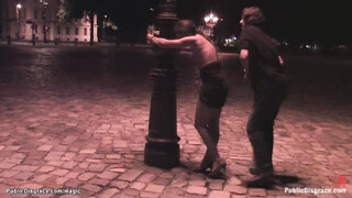 Bound babe banged at night outdoors