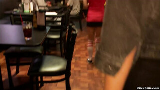 Slim sub gets giant shaft ass fucking in public