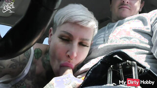 Tatted Tart Swallows Cum After A BJ In The Car - Free Porn Video