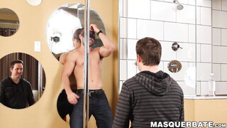 Bearded Alexandre dances on a pole before stroking his big cock