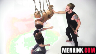 Sexy Jeremy Spreadumz TIED UP & shaft stroked by two horny guys