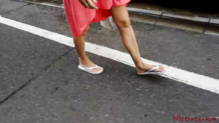 Foot fetish femdom walking with her sub (outdoor)