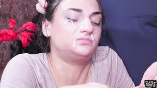 Facialised teen BJ slave bound & throat screwed