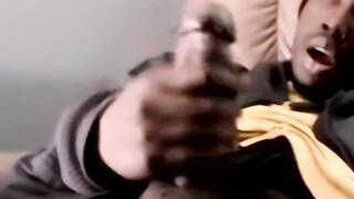 Straight black ghetto thug jerks off huge black cock & cum blasts solo