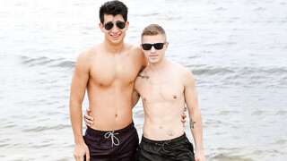 Gay men having fun by the shore then in the hotel room