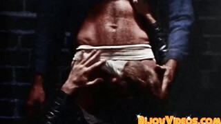 Blonde stud in leather jacked eats butt after sucking cock