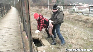 Fuck teen bangs oldie in public