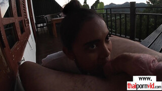 Petite amateur Thai teen Cherry sucking a thick white cock