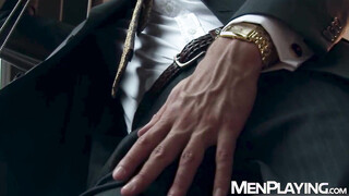 Straight suited Will Iden tugs his thick prick until he explodes