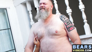 Nasty thick bear makes his cub go on knees to blow his rod