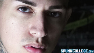 Tatted twink teasing while stroking shaft passionately solo