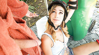 Small tit teen takes a huge dick deep outdoors