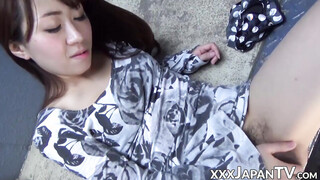 Japanese lady squirts during building rooftop masturbation