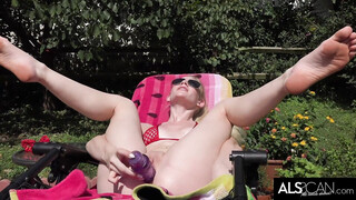 Tall Blonde Strips Fishnet Bikini to Make Herself Cum with Big Toy