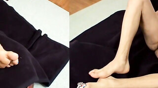 Handsome twink shows off his feet & strokes his huge cock