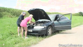 Teen doggystyled outdoors with masturbating OLD WOMAN