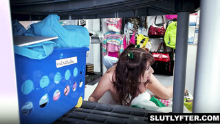 Tiny Khloe stroking officers prick & puts it in her mouth