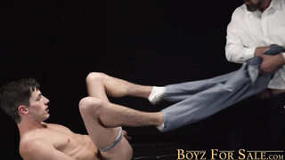 Big guy with beard has fun with a pale twink in the dungeon