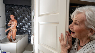 70yo old woman joined to bath with her muscled toyboy