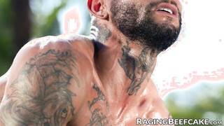 Inked muscle men Danny Starr & Andre Bedford bareback hard